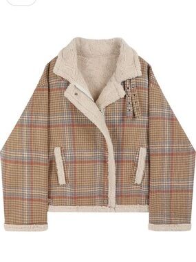 Sherpa-Lined Plaid Jacket in Beige and Rust Accents